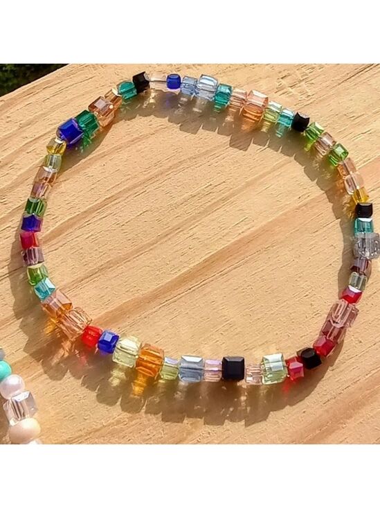 Hand Crafted Jewelry - Colorful dainty beaded rainbow stretch bracelet